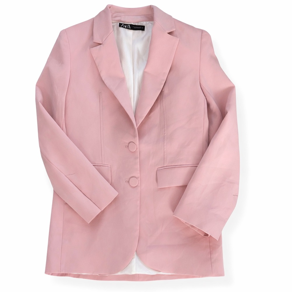 Zara Solid Pink Button Blazer